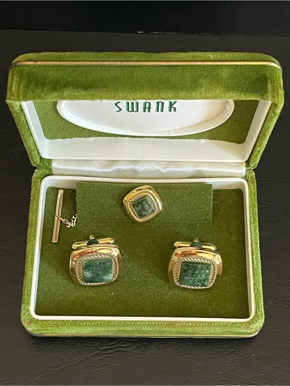 SWANK Gold-Tone Cufflinks and Tie Tack with Green jade Stone Centers